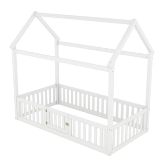 Wood House Bed With Fence And Door