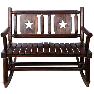 Rustic Outdoor Wood Rocking Bench Double Rocking Chair For 2 Persons With Curved Seat, Porch Rocker - Brown