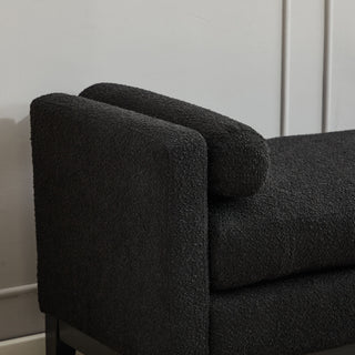 Elegant Upholstered Bench, Daybed, Ottoman With Wood Legs & 2 Bolster Pillows - Black Boucle