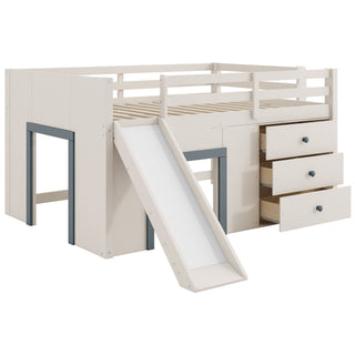 Modern Low Loft Bed With Slide, 3 Storage Drawers, And 2 Doors