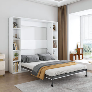 Queen Murphy Bed With Storage Cabinet, Foldable Wall Bed For Bedrooms - White