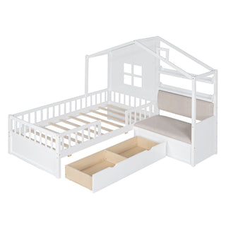 House Bed With Sofa, Kids Platform Bed With 2 Drawers And Storage Shelf