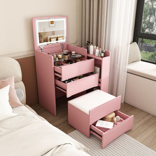 Flip Mirror Vanity Desk With Adjustable LED Lights & Stool For Bedroom
