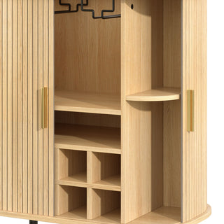Fluted Wine Bar Cabinet With 8 Grid Wine Rack, 5 Level Adjustable Shelves, 2 Glass Holders