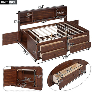 Full Size Captain Bed With Built In Storage Shelves, 4 Drawers And 2 Cabinets - Antique Brown