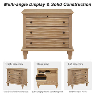 Nightstand With Charging Station, Bedside Table, 3 Drawers, USB And Type - C Ports