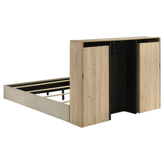 Merritt - Queen Bookcase Storage Bed With Tufted Headboard - Light Oak / Light Tan