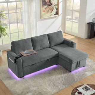 Multi Functional Pull Out Bed Sofa With Retractable Table, LED Lighting, USB Charging Ports & Cup Holders
