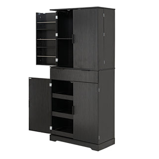 Fluted Kitchen Pantry Cabinet With 3 Keyboard Drawers & 6 Adjustable Door Shelves