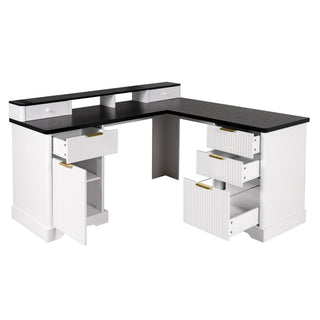 Fluted L-Shaped Desk With Charging Station & Storage Cabinet