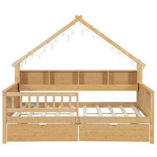 House Style Platform Bed With LED Lights, Storage Shelves, Drawers, And Guardrail