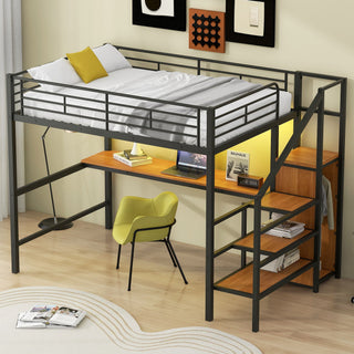 Loft Bed With Desk, Storage Staircase, Small Wardrobe And LED Light