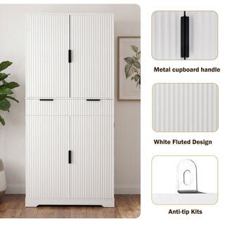 Fluted Kitchen Pantry Cabinet With 3 Keyboard Drawers & 6 Adjustable Door Shelves
