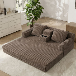 Soft Striped Convertible Sofa Bed, Dual Use Lounge Couch With Cup Holders And Pillows