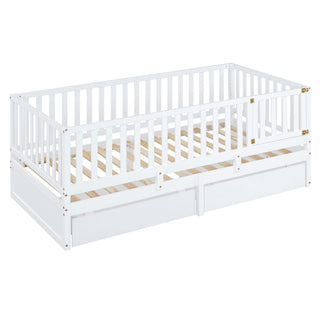 Daybed With Fence Guardrails And 2 Drawers, Split Into Independent Floor Bed & Daybed