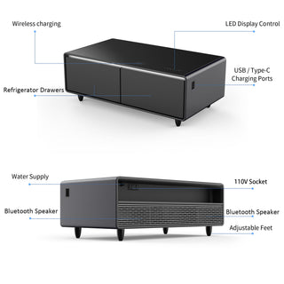Modern Smart Coffee Table With Built-In Fridge, tooth Speaker, Wireless Charging Module, Touch Control Panel, Power Socket, USB Interface, Outlet Protection, Atmosphere Light