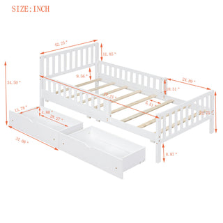 Platform Bed With Guardrails On Both Sides And 2 Storage Drawers