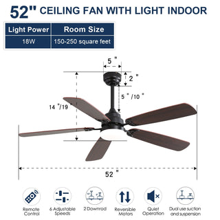 52" Ceiling Fan With LED Light, 6 Speed DC Motor, Remote Control - Matte Black