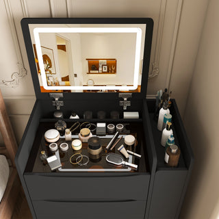 Flip Mirror Vanity Desk With Adjustable LED Lights & Stool For Bedroom
