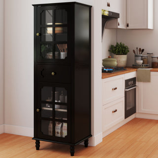 Storage Cabinet, Freestanding Curio Cabinet With Grid Doors & Drawer, Pantry Display Cabinet For Kitchen