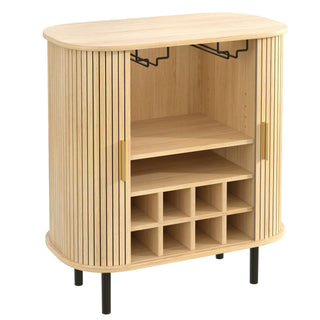 Fluted Wine Bar Cabinet With 8 Grid Wine Rack, 5 Level Adjustable Shelves, 2 Glass Holders