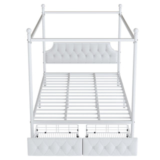 Queen Size Canopy Platform Bed With Upholstered Headboard And 2 Storage Drawers - White