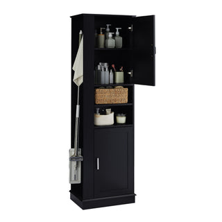 Tall Freestanding Bathroom Storage Cabinet With Adjustable Shelves And Side Hooks Board, Rectangle Design