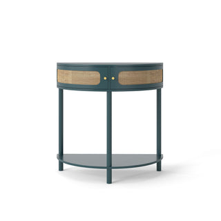 Boho Rattan Semi Circle End Table With Sliding Rattan Door, Storage And Bottom Shelf