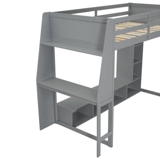 Gaming Loft Bed With Desk, Multi Storage Shelves, LED Lighting, And Hanging Clothes Rack