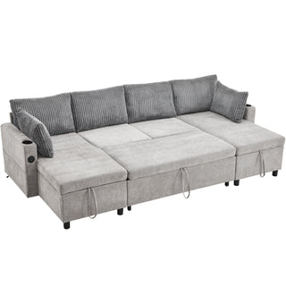 Sectional Sofa Bed With Pull Out Sleeper, USB Ports, Cup Holders