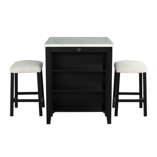 Dining Table Set With Storage Shelves, 3 Piece With 2 Stools - Black / Ivory / White