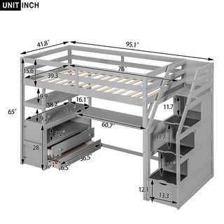 Loft Bed With Desk, Shelves, 2 Drawers, Storage Staircase