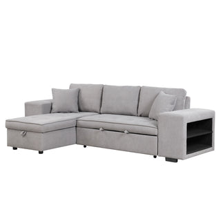Modern L-Shape 3 Seat Reversible Sectional Couch, Pull Out Sleeper Sofa With Storage Chaise And 2 Stools For Living Room Furniture Set