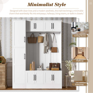 Tall Hall Tree With Shoe Storage, 4 In 1 Entryway Bench With 6 Cabinets, 4 Coat Hooks & Adjustable Shelf For Hallway - White
