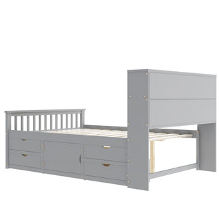 Captain Platform Bed Frame With Bookcase Headboard, 4 Drawers, Storage Shelves