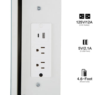 Cabinet Vanity Table & Cushioned Stool, USB Power Station, Hair Dryer Bracket - White