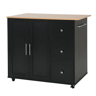 Mobile Kitchen Cart With Storage With 2 Doors, 3 Drawers & Adjustable Shelf - Black / Natural