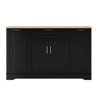 Trexm Multi-Functional Storage Sideboard, Extendable Dining Table, Adjustable Shelves, 3-Tier Pull-Out Rack, Kitchen Island Storage For Kitchen, Dining Room, Living Room (Black)