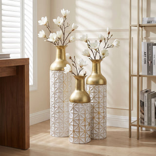 Tall Textured Geometric Decorative Floor Vases Home Decor (Set of 3) - White / Gold