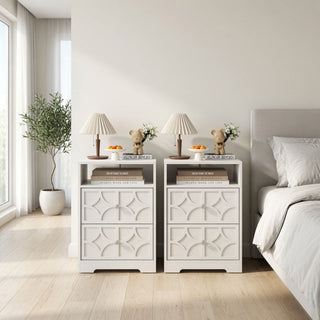 Nightstand With Diamond Carvings Handles, 2 Drawers & Charging Station