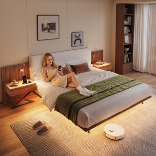 Floating King Size Bed With Integrated Side Tables And Smart Lighting - Beige Gray / White