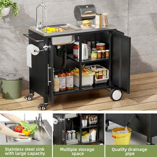Outdoor Grill Table With Sink, Grill Cart With Sink And Cabinet With Wheels - Black / Silver