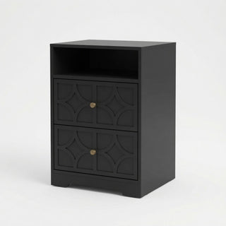 Nightstand With Diamond Carvings Handles, 2 Drawers & Charging Station