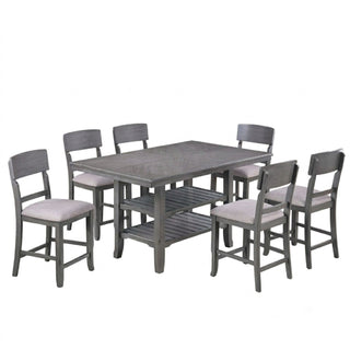 7 Piece Counter Height Dining Set With Storage Shelves, Table & 6 High Chairs - Gray