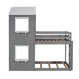 Bunk Bed Wood Bed & Roof, Window, Guardrail, Ladder