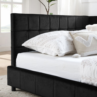 Mid-Century Storage Upholstered Tufted Bed Frame With Backrest And Armrests
