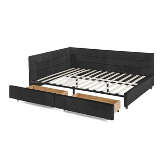 Mid-Century Storage Upholstered Tufted Bed Frame With Backrest And Armrests