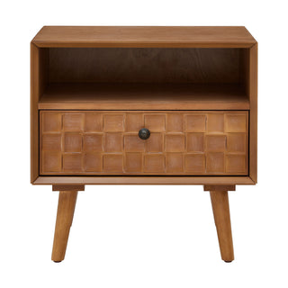 Nightstand With Carved Geometric Drawer Front, 1 Drawer And Open Shelf
