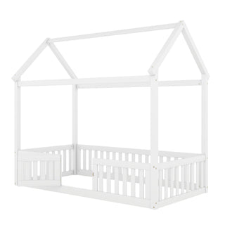 Wood House Bed With Fence And Door