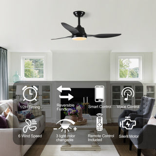 Ceiling Fan With Light, 3 Blades, Remote Control, 6 Speed Reversible DC Motor For Living Room - Black